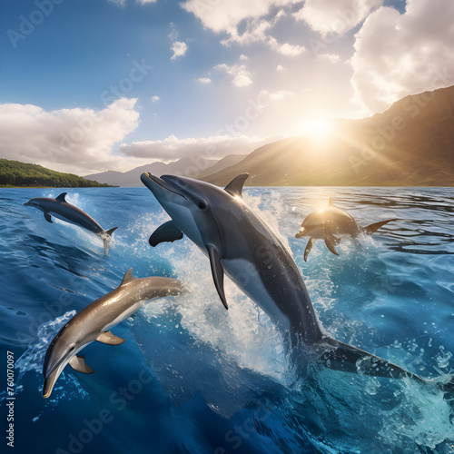 Spectacular Display of Playful Dolphins Leaping From Azure Ocean Amidst the Bright Rays of the Sun © Mason