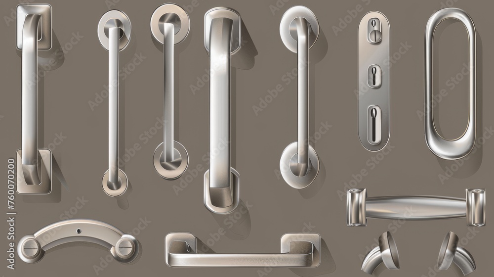 Modern chrome lever handles and long door pulls for room interior in office or home. Modern realistic set of modern chrome lever handles in different shapes isolated on transparent background Modern chrome lever handles and long door pulls for room interior in office or home. Modern realistic set of modern chrome lever handles in different shapes isolated on transparent background