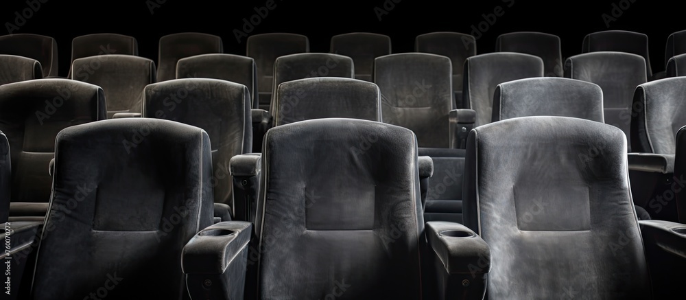 Obraz premium A row of empty movie theater seats in a dark room resembles a sleek automotive tire pattern, with the soft hum of gas and the shimmering glass reflecting artful font on the automotive window part