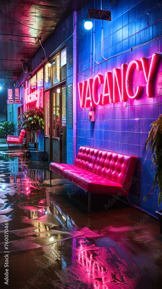 Neon-lit VACANCY sign in bold 3D letters on a reflective blue surface, indicating available employment opportunities or accommodations Neon-lit VACANCY sign in bold 3D letters on a reflective blue surface, indicating available employment opportunities or accommodations