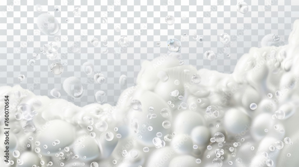 A white foam of soap, suds of detergent, gel or shampoo. Modern realistic illustration, isolated on transparent background, of froth in laundry, beer foam, or fizzy drink foam. - obrazy, fototapety, plakaty 