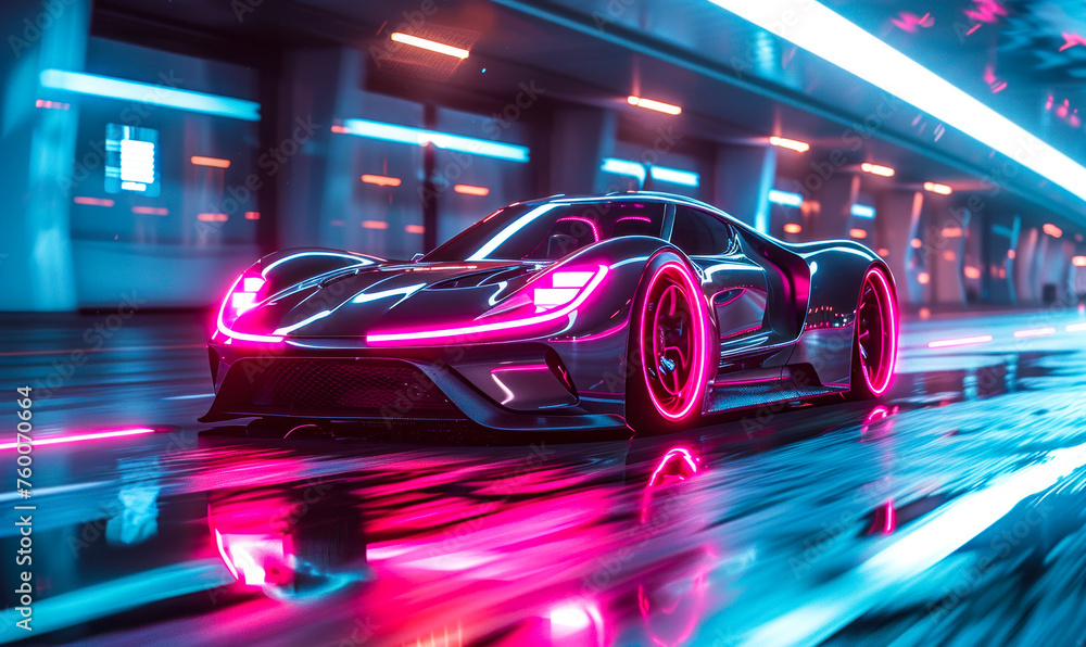 Futuristic supercar with glowing neon lights speeding on a digital highway, concept of modern innovation, speed, technology, and dynamic design