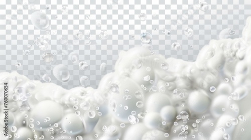 A white foam of soap, suds of detergent, gel or shampoo. Modern realistic illustration, isolated on transparent background, of froth in laundry, beer foam, or fizzy drink foam. photo