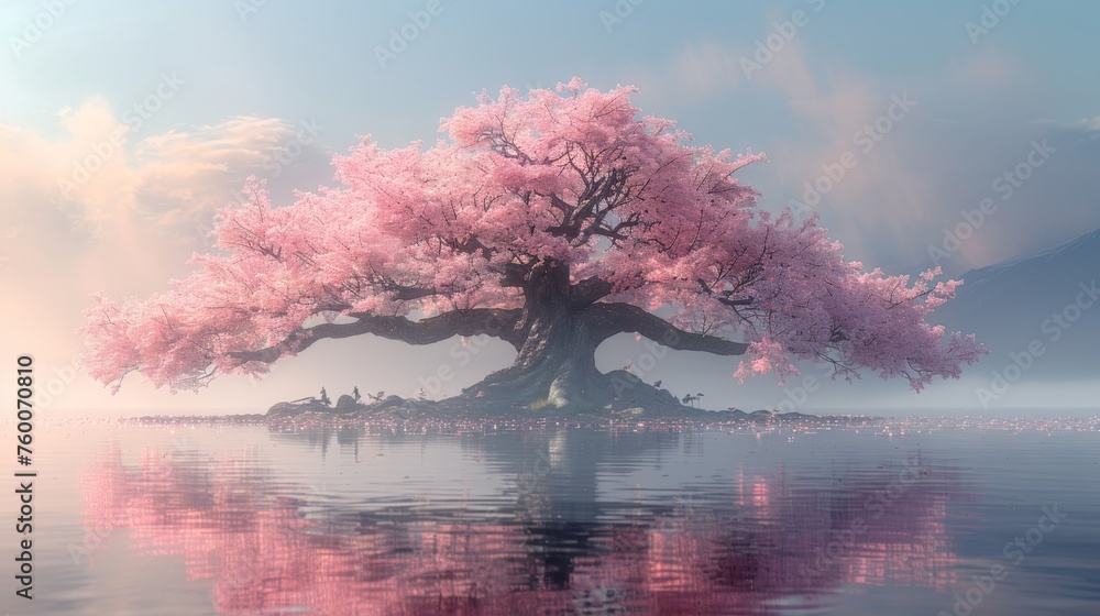  a large pink tree sitting on top of a small island in the middle of a body of water with a mountain in the background.