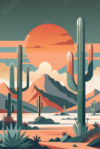 Mexican poster desert Mexico background festive backdrop with cactus for festival Cinco de mayo. Warm sunset with majestic cacti foreground, serene desert mountains