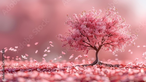  a tree with pink flowers in the middle of a field with pink petals in the foreground and a pink sky in the background.