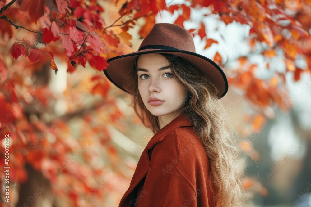Autumn fall woman fashion. Female model posing on golden leafage. Generate ai Autumn fall woman fashion. Female model posing on golden leafage. Generate ai