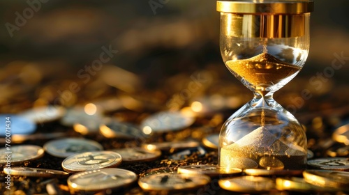 Illustration of an hourglass with coins. investment concept. AI generated