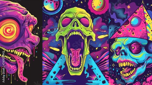 There are 19 psychedelic rave trip party banner templates in this set: martian head and mouth with tongue, pyramid with eye and disco ball, acid backgrounds, modern cartoon hippie posters. photo
