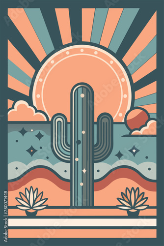 Mexican poster desert Mexico background festive backdrop with cactus for festival Cinco de mayo. Stylized graphic of a cactus against a vibrant desert sunset backdrop