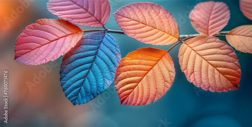  a close up of a branch with leaves and a blurry background of blue, pink, and orange leaves.