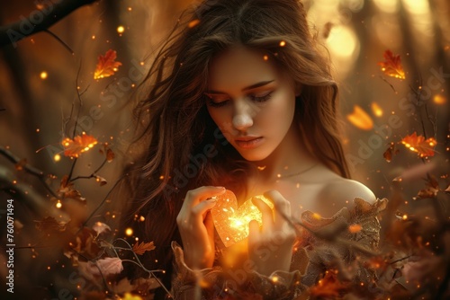 Autumn girl glow heart. Natural love. Generate Ai