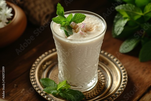 Ayran refreshment drink. Crystal glass with fresh beverage wooden table. Generate AI