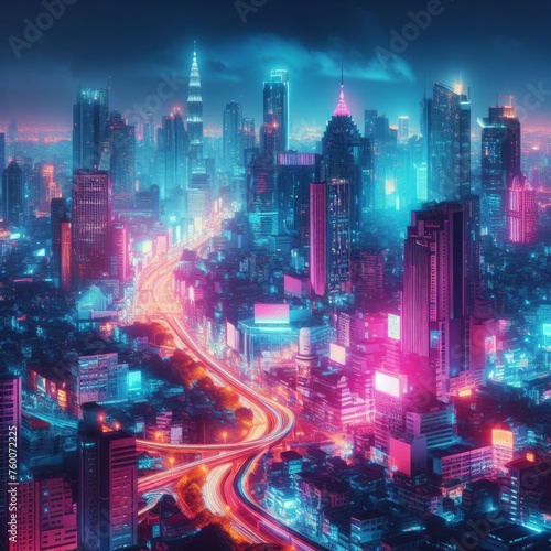 A vibrant city skyline illuminated by neon lights  bustling with energy and life even after dark.