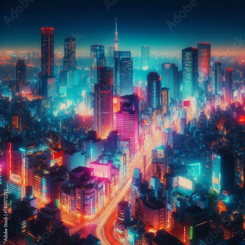 A vibrant city skyline illuminated by neon lights  bustling with energy and life even after dark.