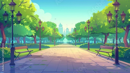 The open city parks with benches along the pathway view of the cityscape and the green trees on the ground, a cartoon illustration of a city park with benches in the summer. City park with benches