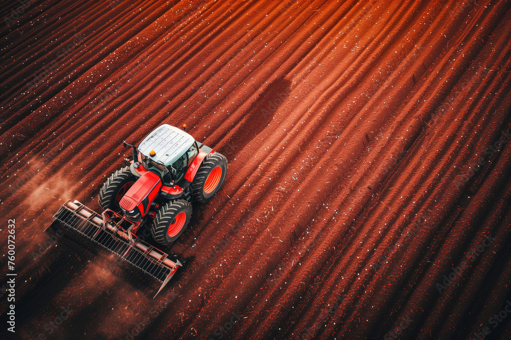 A tractor tilling the soil, creating precise patterns on the vast farmland, readying the earth for sowing.