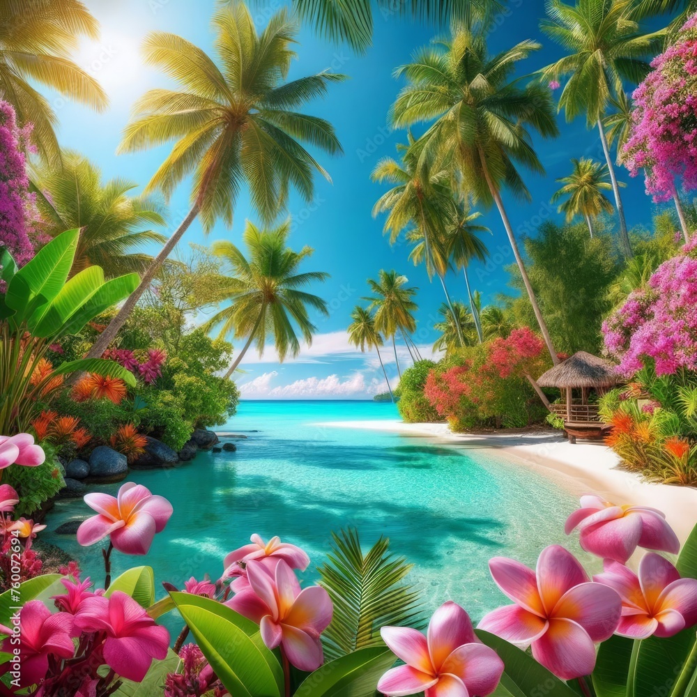  A tropical paradise with lush palm trees, crystal-clear waters, and exotic flowers in full bloom.