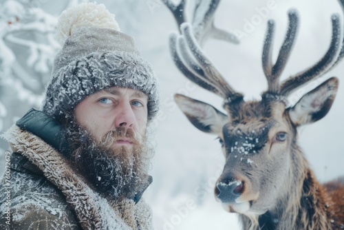 portrait of a middle-aged male reindeer herder standing next to deer. Reindeer husbandry, north. Excursion. reindeer herder photo