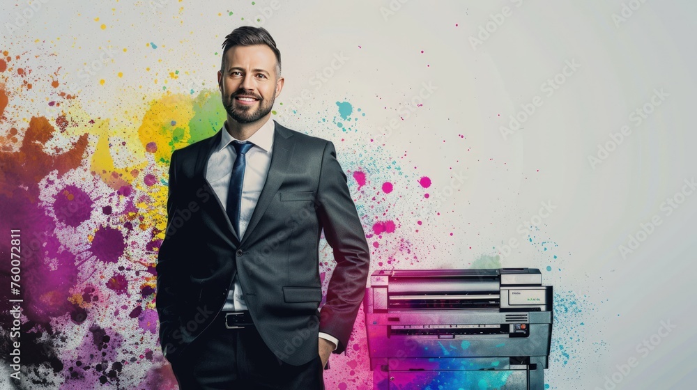 close up view of a businessman with a professional printer and a splash of color for high quality printing services as a copy space