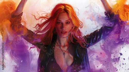 mystic allure  a red-haired enchantress in a leather jacket  casting spells within a captivating purple fog