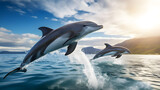 Spectacular Display of Playful Dolphins Leaping From Azure Ocean Amidst the Bright Rays of the Sun