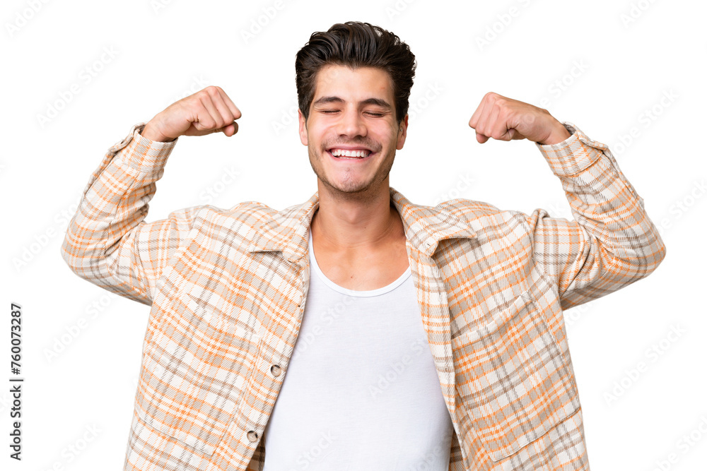 Young handsome caucasian man over isolated background doing strong gesture Young handsome caucasian man over isolated background doing strong gesture