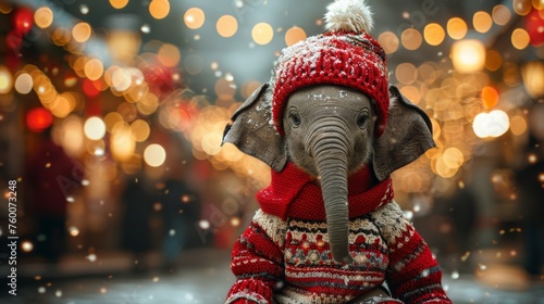  an elephant wearing a red and white sweater and a red hat with a white pom pom on it's head.