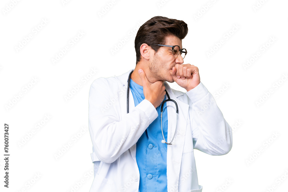 Young doctor man over isolated background is suffering with cough and feeling bad Young doctor man over isolated background is suffering with cough and feeling bad