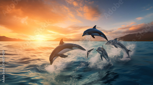 Spectacular Display of Playful Dolphins Leaping From Azure Ocean Amidst the Bright Rays of the Sun © Mason