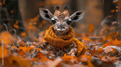  a giraffe with a scarf around its neck sitting in a field of leaves and looking at the camera. © Shanti