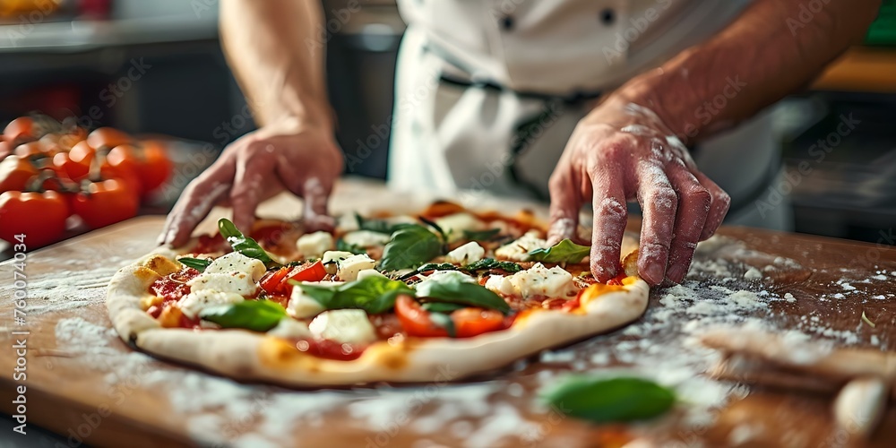 An experienced chef creates a delicious pizza in a bustling kitchen. Concept Cooking, Pizza Making, Chef Skills, Kitchen Environment, Culinary Art - obrazy, fototapety, plakaty 
