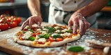 An experienced chef creates a delicious pizza in a bustling kitchen. Concept Cooking, Pizza Making, Chef Skills, Kitchen Environment, Culinary Art