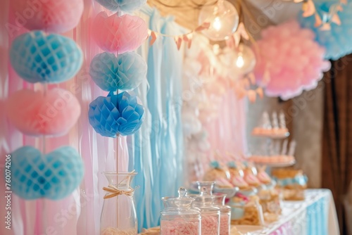 Baby gender reveal party. Colorful cake table with big balloons and cupcakes. Generate AI