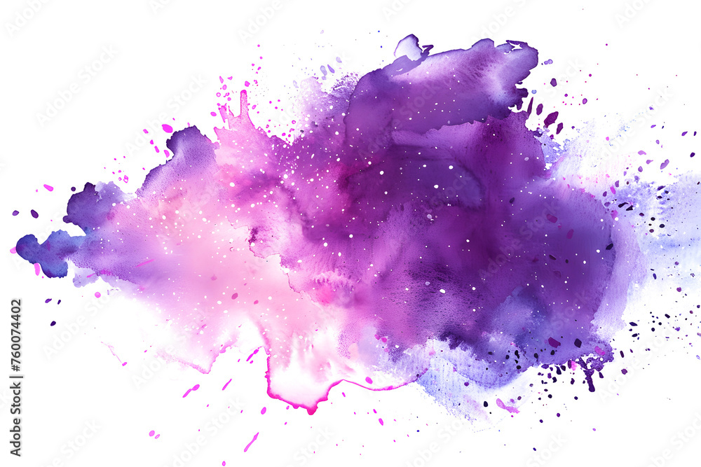Purple and pink splashed watercolor paint on white background.