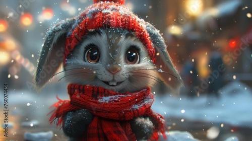  a digital painting of a rabbit wearing a red scarf and a knitted hat with a red scarf around its neck.