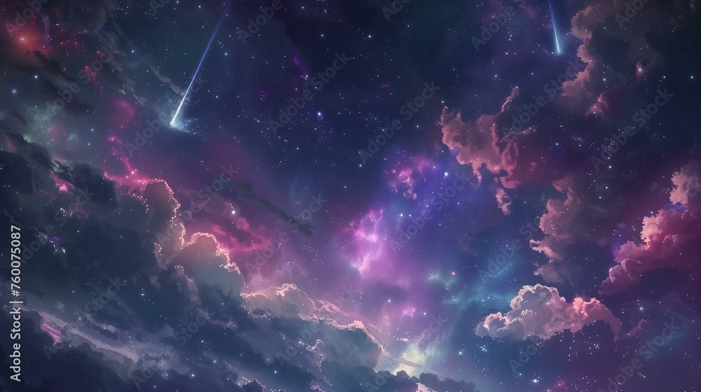 A dreamy night sky with stars and shooting comets, pink, purple and blue colors, clouds in the background, - obrazy, fototapety, plakaty 