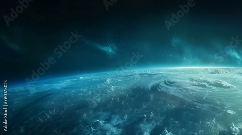 View of planet from space, swirling clouds on the surface, deep blue and teal lighting