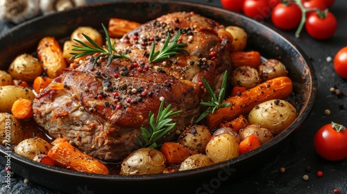  a close up of a plate of food with meat, potatoes, and tomatoes on a table next to tomatoes.