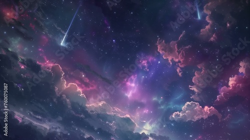 A dreamy night sky with stars and shooting comets, pink, purple and blue colors, clouds in the background, photo