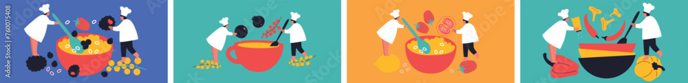 Tiny people and fruits cartoon vector illustration. Healthy eating, cooking vegetarian food and dieting concept. People and berries, summer harvest. Summer time.	 - obrazy, fototapety, plakaty 