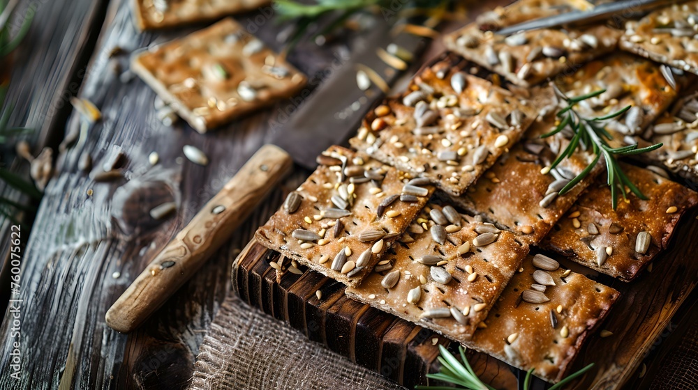 Homemade seed crackers on rustic wooden board. perfect snack food, ideal for healthy lifestyle. close-up, natural light. culinary delight by a food artisan. AI