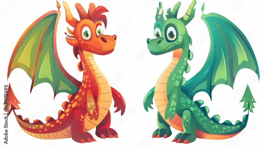 The dragons of fairy tales, a flying beast with wings and tail. A modern cartoon illustration of fire breathing monsters from medieval mythology. Isolated on a white background. The dragons of fairy tales, a flying beast with wings and tail. A modern cartoon illustration of fire breathing monsters from medieval mythology. Isolated on a white background.