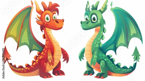 The dragons of fairy tales, a flying beast with wings and tail. A modern cartoon illustration of fire breathing monsters from medieval mythology. Isolated on a white background.