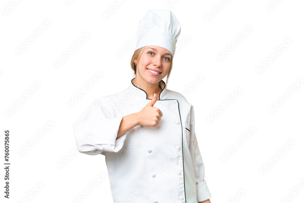 Young chef woman over isolated chroma key background giving a thumbs up gesture Young chef woman over isolated chroma key background giving a thumbs up gesture