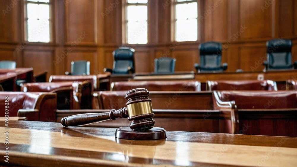 A gavel resting on a wooden judge's bench, blurred courtroom interior with rows of empty chairs in the background. A gavel resting on a wooden judge's bench, blurred courtroom interior with rows of empty chairs in the background.