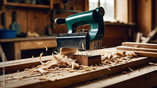 Close-up of a woodworking plane shaving off thin strips of wood. Wood shavings pile up in the background, blurred workbench with chisels and saws visible. photo