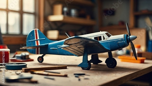 A close-up of a partially assembled airplane model with tiny detailed parts. Blurred background shows paintbrushes and glue on a workbench.