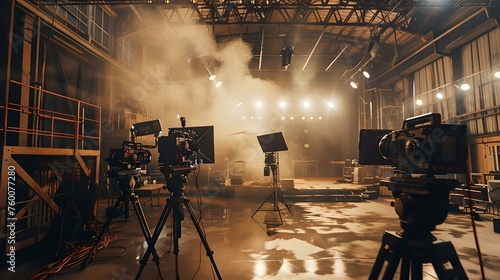 Behind-the-Scenes at a film studio warehouse. illuminated set, camera equipment, professional film production atmosphere. lights and shadows in a movie shooting location. AI photo