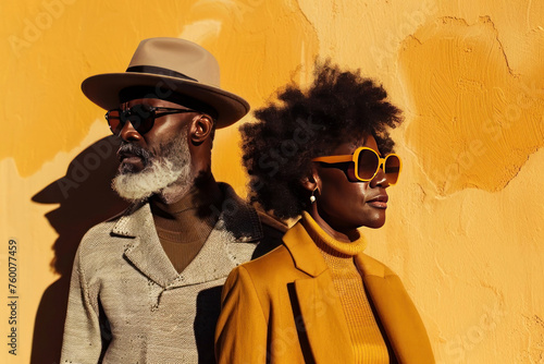 Elegant couple in stylish outfits and sunglasses exude confidence against a warm textured photo